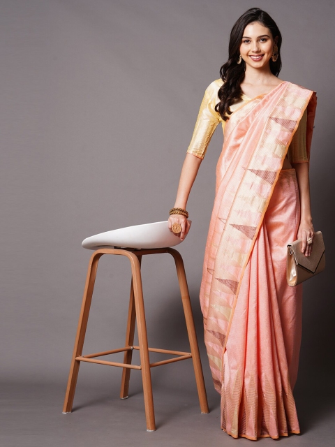 

Mitera Pink & Peach-Coloured Geometric Printed Silk Cotton Chanderi Saree