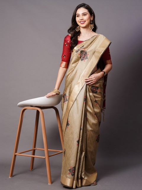 

Mitera Beige & Red Silk Cotton Banarasi Saree