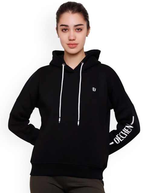 

DECHEN Women Black Printed Hooded Sweatshirt