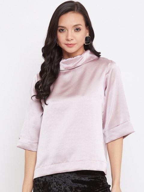 

Madame Peach-Coloured Satin Roll-Up Sleeves Regular Top