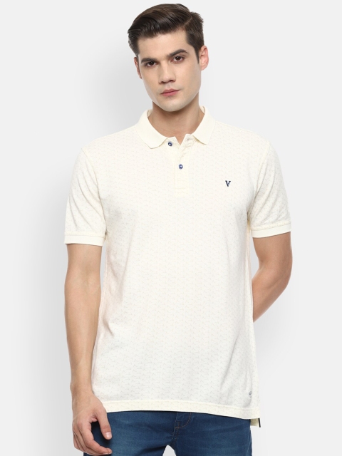 

VAN HEUSEN DENIM LABS Men Cream-Coloured Printed Polo Collar Pure Cotton T-shirt