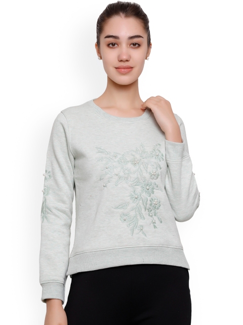 

DECHEN Women Green Embroidery with Beads Fleece Sweatshirt