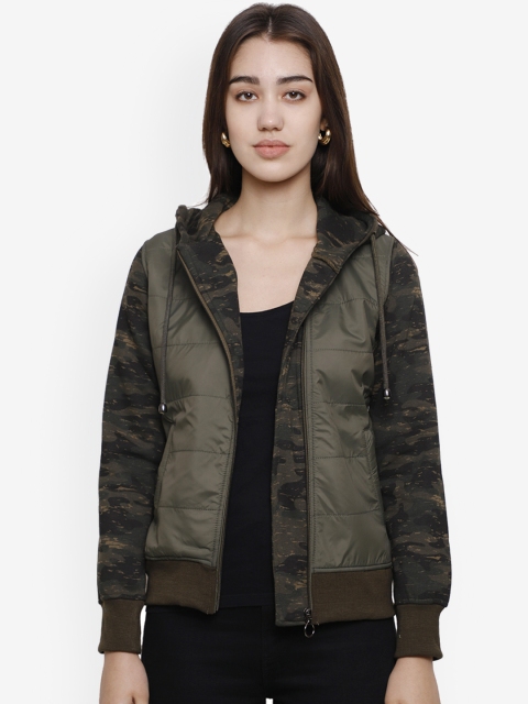 

DECHEN Women Olive Green Camouflage Printed Fleece Padded Jacket