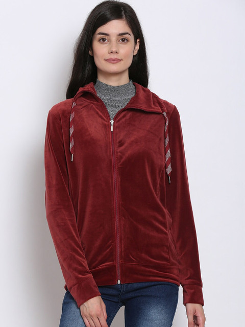

NoBarr Women Maroon Camouflage Striped Sporty Jacket with Embroidered