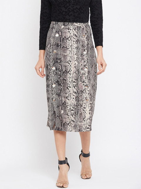 

Madame Women Beige & Black Snakeskin Print A-Line Midi Skirt