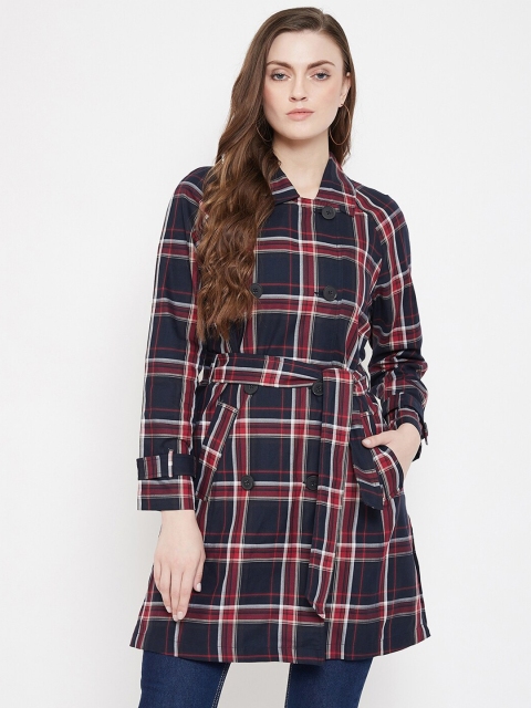 

Madame Women Navy Blue & Red Checked Longline Button Shrug