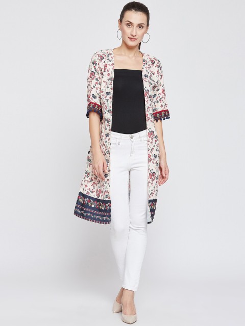 

Madame Women Beige & Pink Floral Printed Longline Shrug