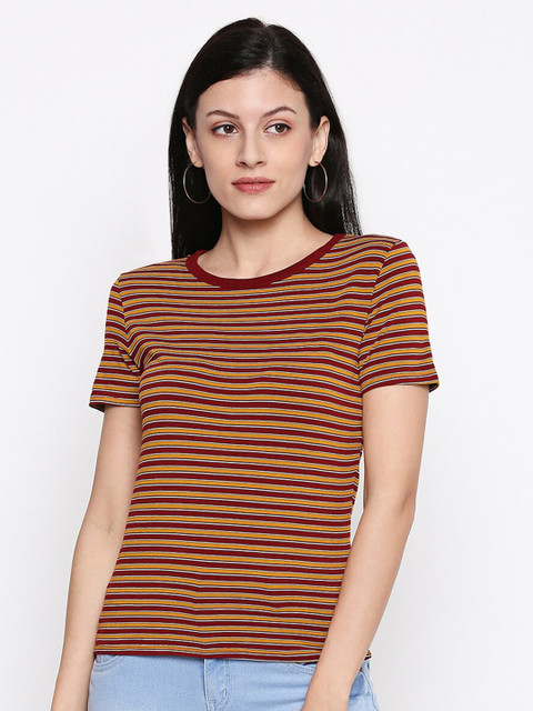 

People Women Maroon & Yellow Striped Regular Top