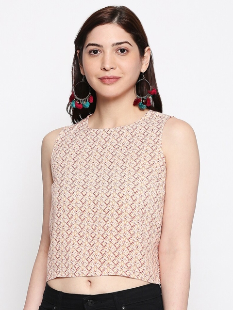

People Women White & Red Geometric Print High-Low Crop Top