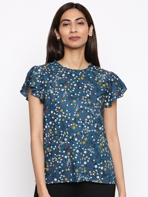 

People Women Blue & White Floral Print Regular Top