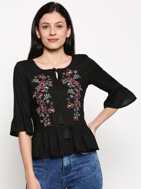 

People Women Black Floral Print Tie-Up Neck Peplum Top