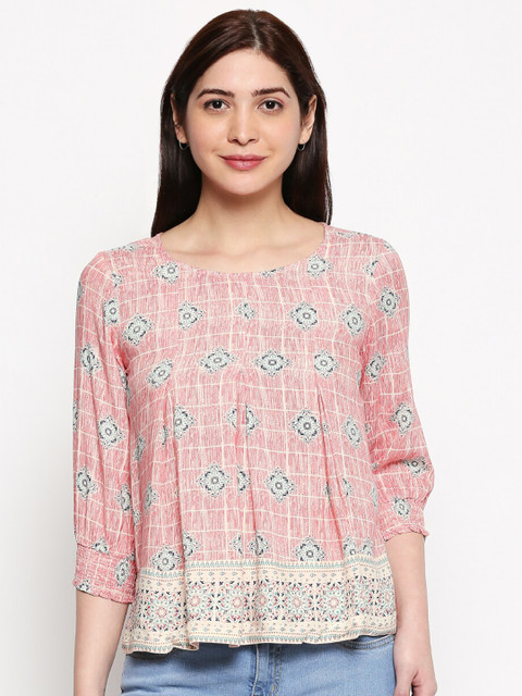 

People Women Pink & Blue Printed Regular Top