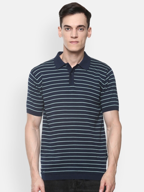 

Van Heusen Sport Men Navy Blue & Green Striped Polo Collar Pure Cotton T-shirt