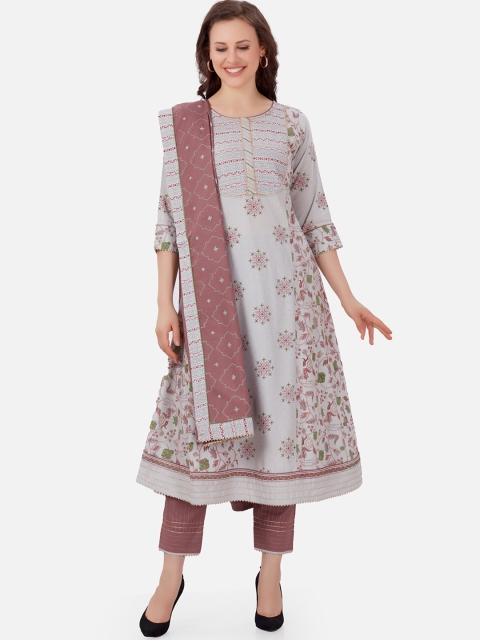 

Kiana Women Grey & Mauve Floral Printed Regular Kurta With Trousers