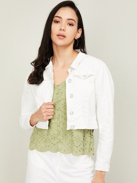 

Ginger by Lifestyle Women Off White Geometric Crop Denim Jacket