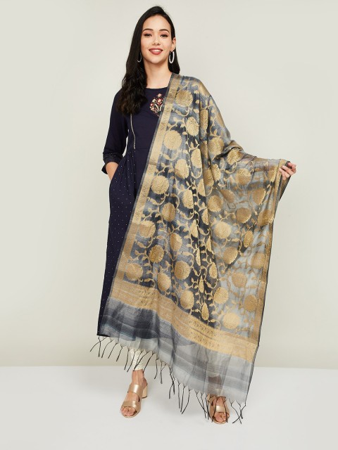 

Melange by Lifestyle Navy Blue & Gold-Toned Ethnic Motifs Woven Design Dupatta