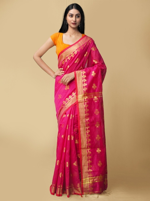 

Unnati Silks Pink & Gold-Toned Woven Design Zari Pure Linen Jamdani Saree