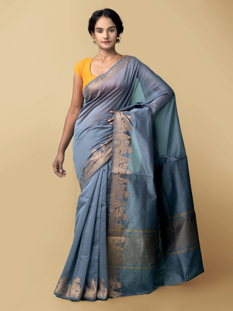 

Unnati Silks Grey & Gold-Toned Zari Silk Cotton Baluchari Saree