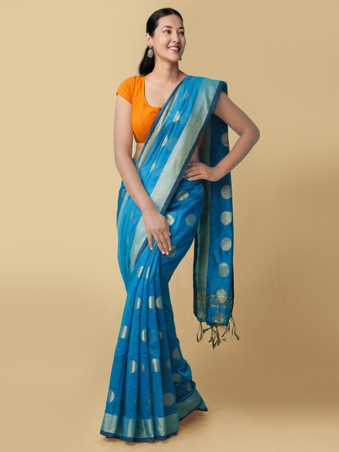 

Unnati Silks Blue Zari Pure Linen Jamdani Saree