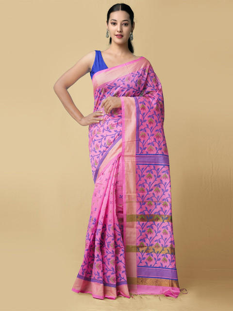 

Unnati Silks Pink & Blue Woven Design Zari Handloom Pure Linen Jamdani Saree