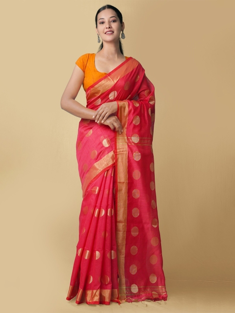 

Unnati Silks Red & Gold-Toned Woven Design Zari Handloom Pure Linen Jamdani Saree