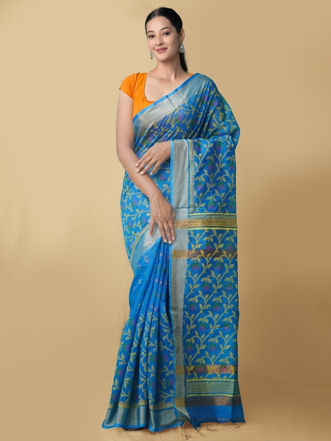 

Unnati Silks Blue & Green Woven Design Pure Linen Jamdani Saree