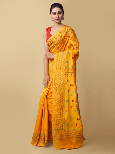 

Unnati Silks Orange & Red Floral Kantha Work Silk Cotton Baluchari Saree