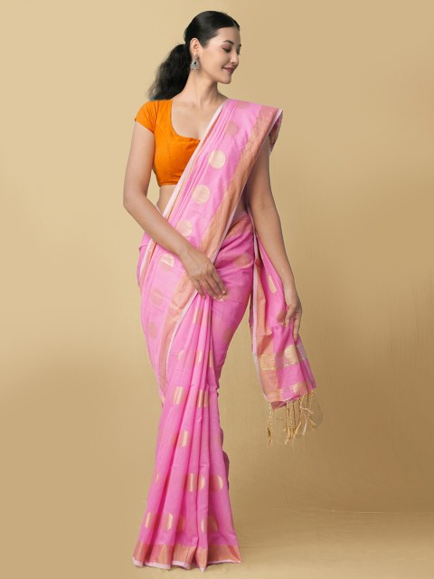 

Unnati Silks Women Pink & Gold-Toned Pure Handloom Bengal Linen Sustainable Saree