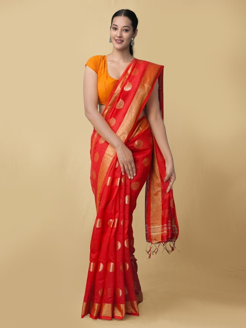 

Unnati Silks Red & Gold-Coloured Ethnic Motifs Zari Bengal Pure Linen Jamdani Saree