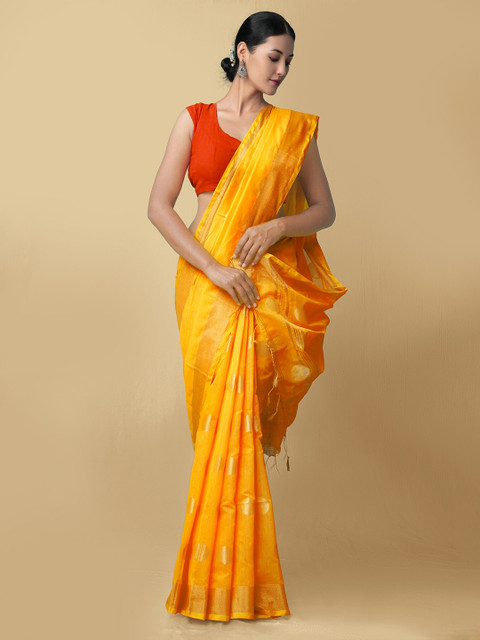 

Unnati Silks Women Orange & Gold-Toned Pure Handloom Bengal Linen Sustainable Saree