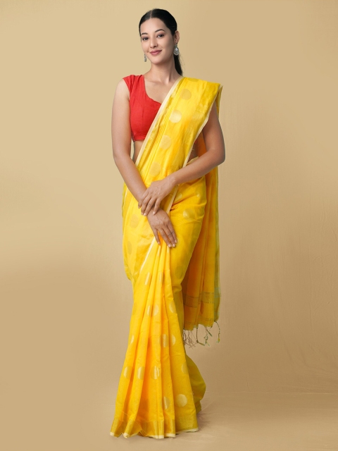 

Unnati Silks Yellow & Gold-Toned Zari Pure Linen Jamdani Saree