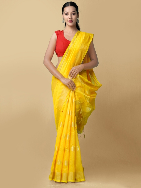

Unnati Silks Women Yellow & Gold-Toned Pure Handloom Bengal Linen Sustainable Saree