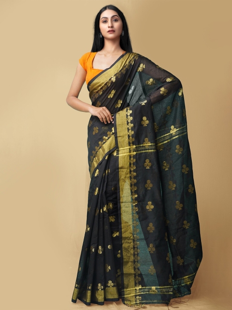 

Unnati Silks Women Black & Gold-Toned Pure Handloom Bengal Linen Sustainable Saree