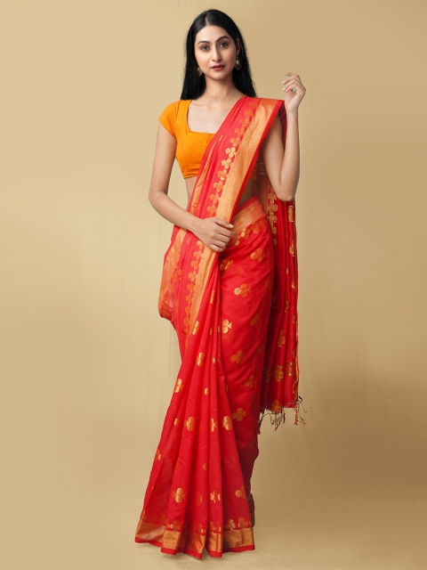 

Unnati Silks Red & Gold-Toned Woven Design Zari Pure Linen Jamdani Saree