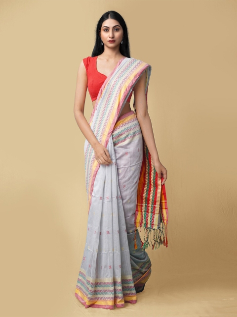 

Unnati Silks Cream-Coloured & Red Woven Design Pure Linen Jamdani Saree