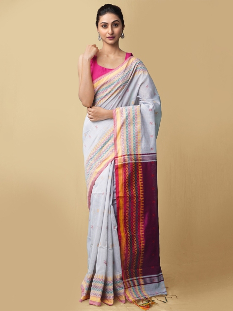 

Unnati Silks Cream-Coloured & Magenta Woven Design Zari Pure Linen Jamdani Saree