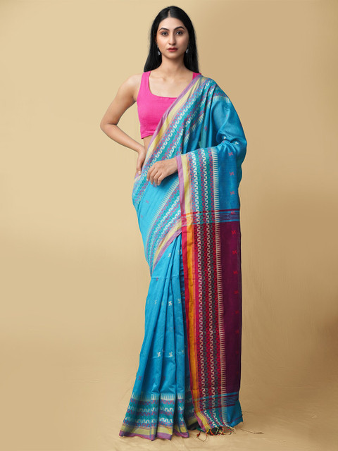 

Unnati Silks Turquoise Blue & Magenta Woven Design Pure Linen Jamdani Saree