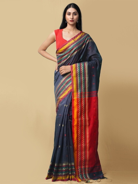 

Unnati Silks Grey & Rust Floral Pure Bengal Linen Jamdani Saree