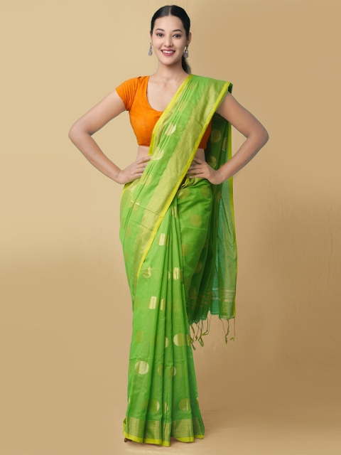 

Unnati Silks Green & Gold Woven Design Zari Pure Linen Jamdani Saree
