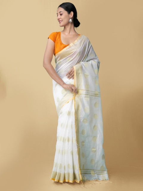 

Unnati Silks Women Cream-Coloured & Gold-Toned Woven Designed Silk Cotton Saree
