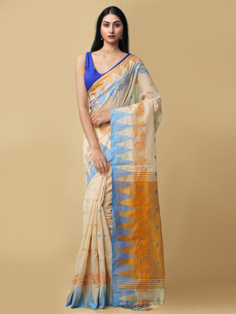 

Unnati Silks Beige & Blue Pure Linen Jamdani Saree