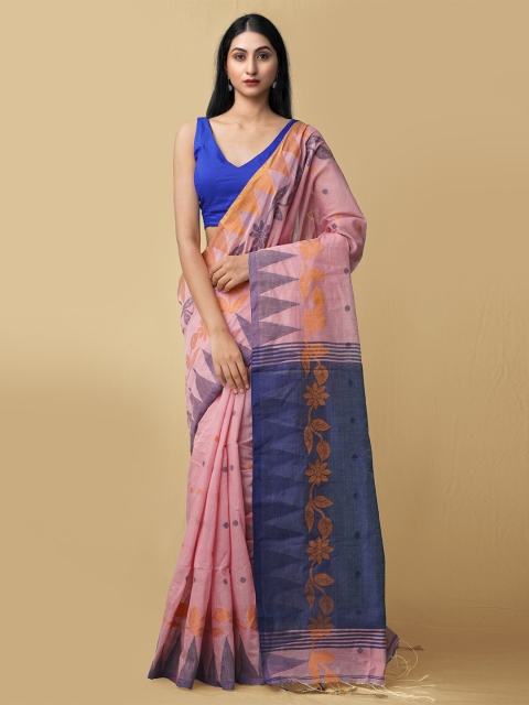 

Unnati Silks Pink & Blue Woven Design Pure Linen Jamdani Saree