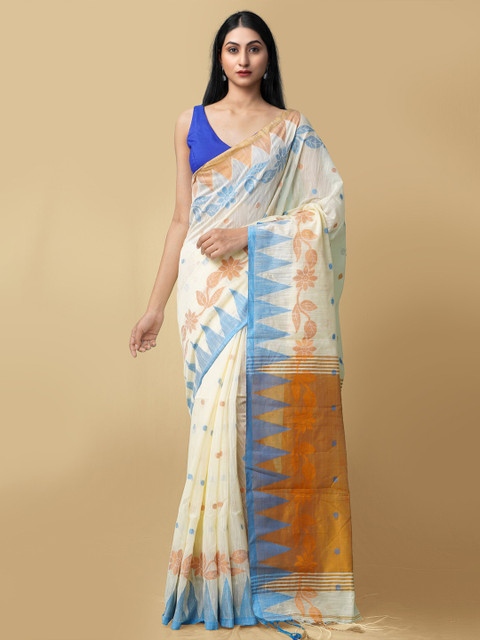 

Unnati Silks Cream-Coloured & Yellow Woven Design Pure Linen Jamdani Saree