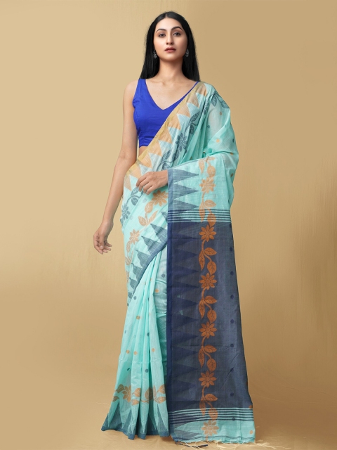 

Unnati Silks Turquoise Blue & Gold-Toned Woven Design Zari Pure Linen Jamdani Saree