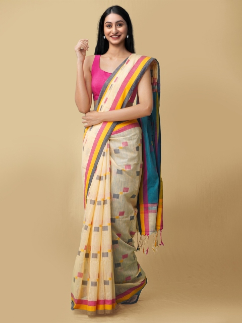 

Unnati Silks Orange & Yellow Woven Design Handloom Pure Linen Jamdani Saree