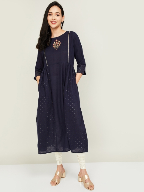 

Melange by Lifestyle Women Navy Blue Keyhole Neck Flared Sleeves Patchwork Kurta
