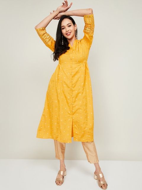 

Melange by Lifestyle Women Yellow & White Ethnic Motifs Printed Thread Work Kurta