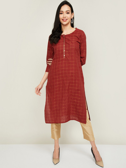 

Melange by Lifestyle Women Rust Checked Thread Work Kurta