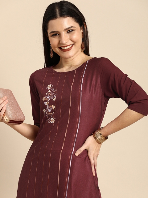 

Janasya Women Maroon Floral Striped Crepe Kurta