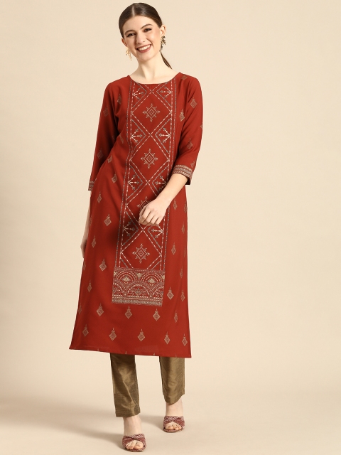 

Janasya Women Maroon Ethnic Motifs Printed Crepe Kurta